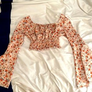Orange floral off the shoulder blouse from Romwe.